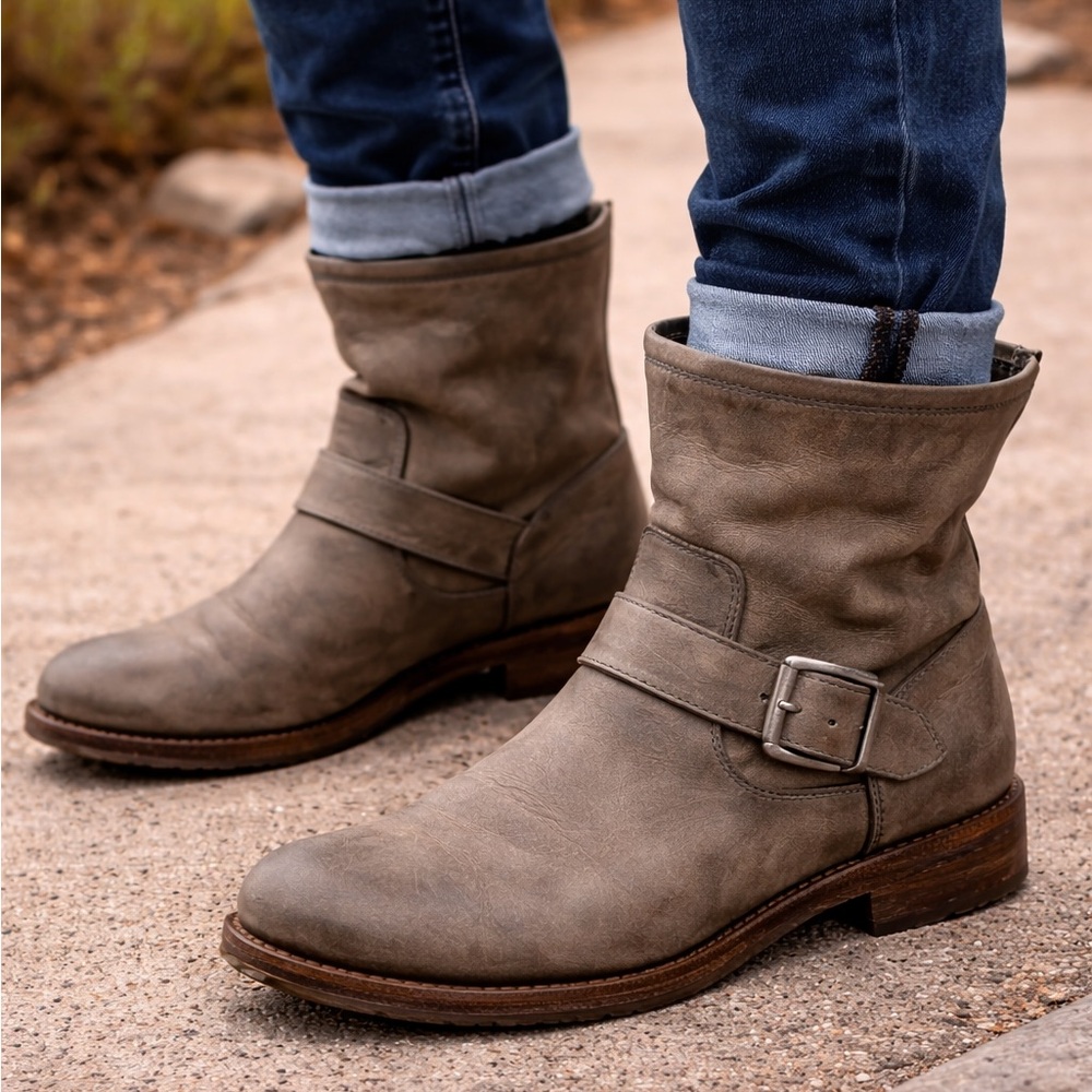 Frye Gray Leather Engineer Ankle Boots Size 8 Made in Mexico